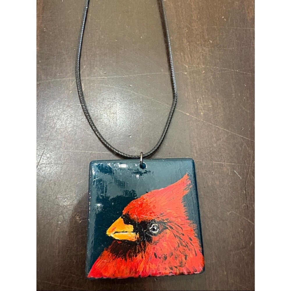 Hand Crafted Red Cardinal Pendant Necklace with Black Cord